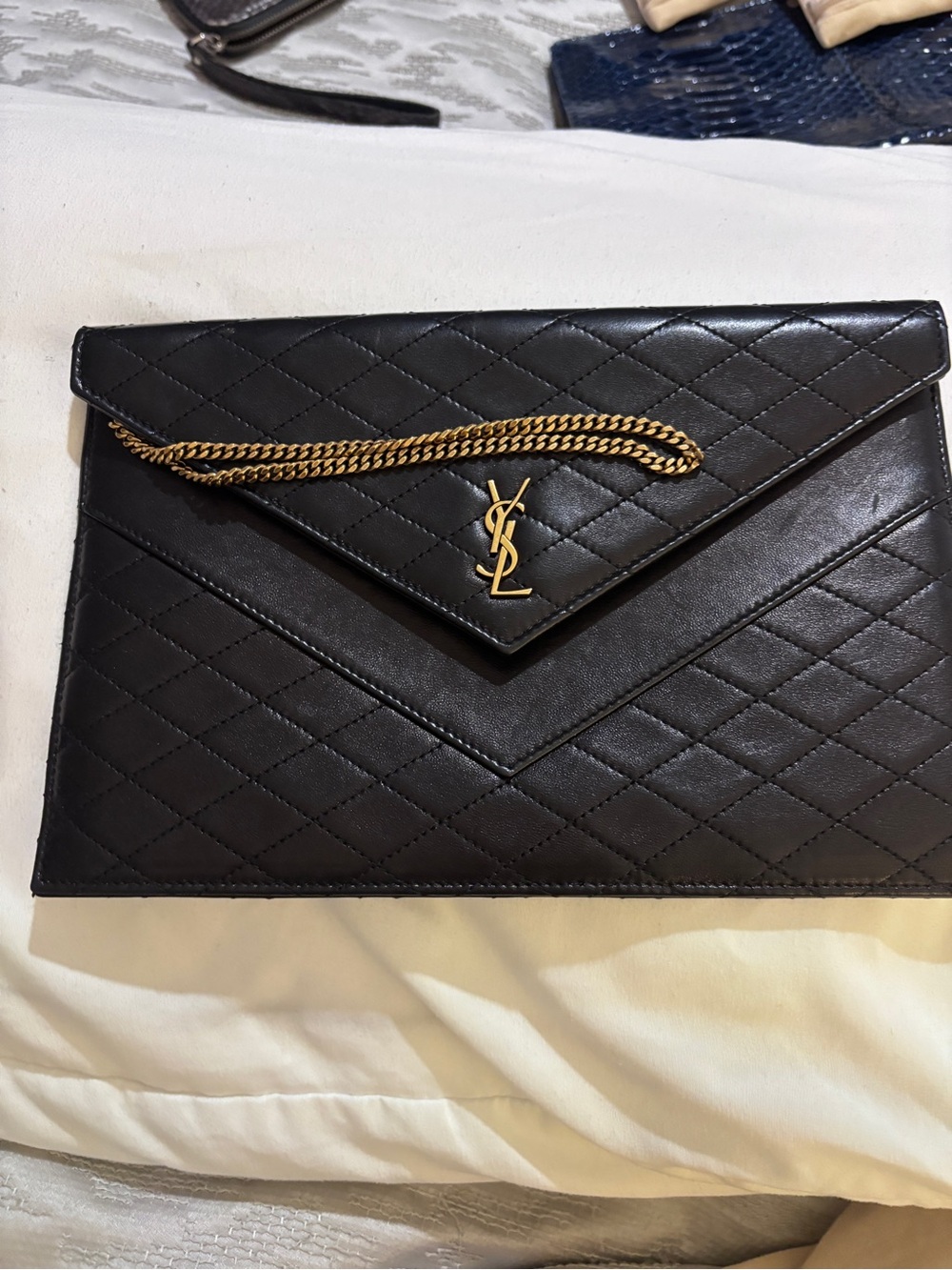 Saint Laurent Black Quilted Envelope Clutch with Gold Hardware